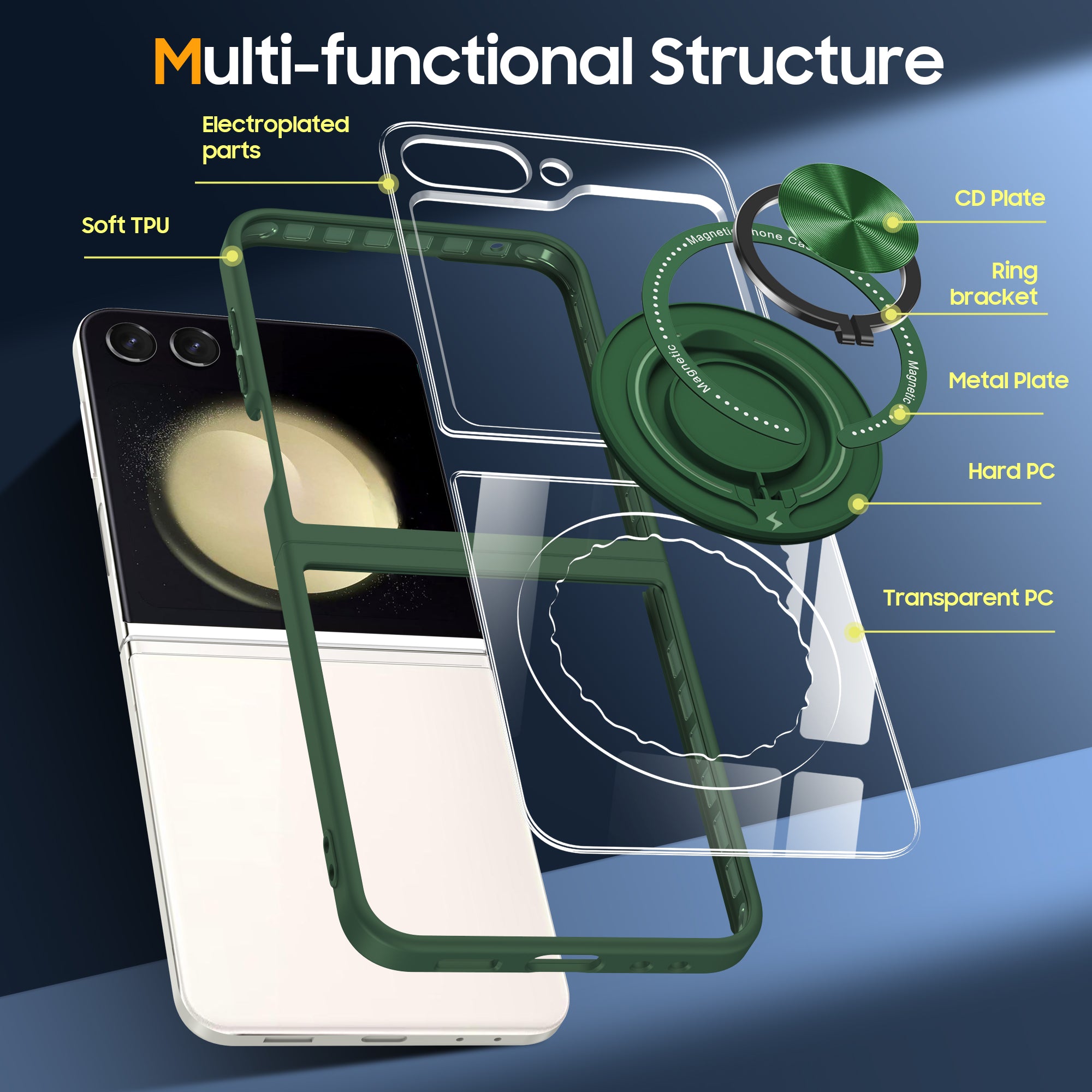 For Samsung Galaxy Z Flip6 5G Magnetic Case TPU Frame Clear PC Back Kickstand Phone Cover - Blackish Green