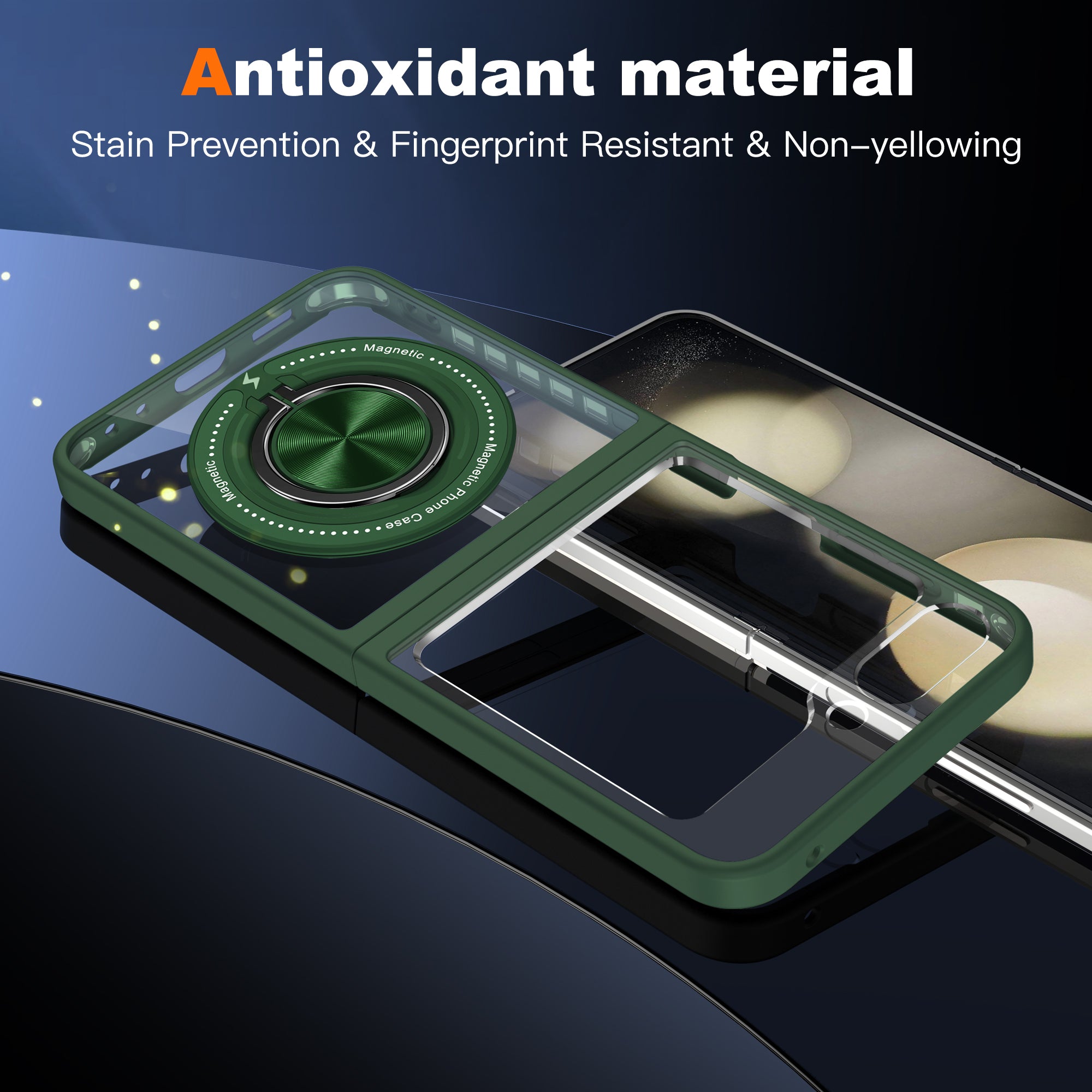 For Samsung Galaxy Z Flip6 5G Magnetic Case TPU Frame Clear PC Back Kickstand Phone Cover - Blackish Green