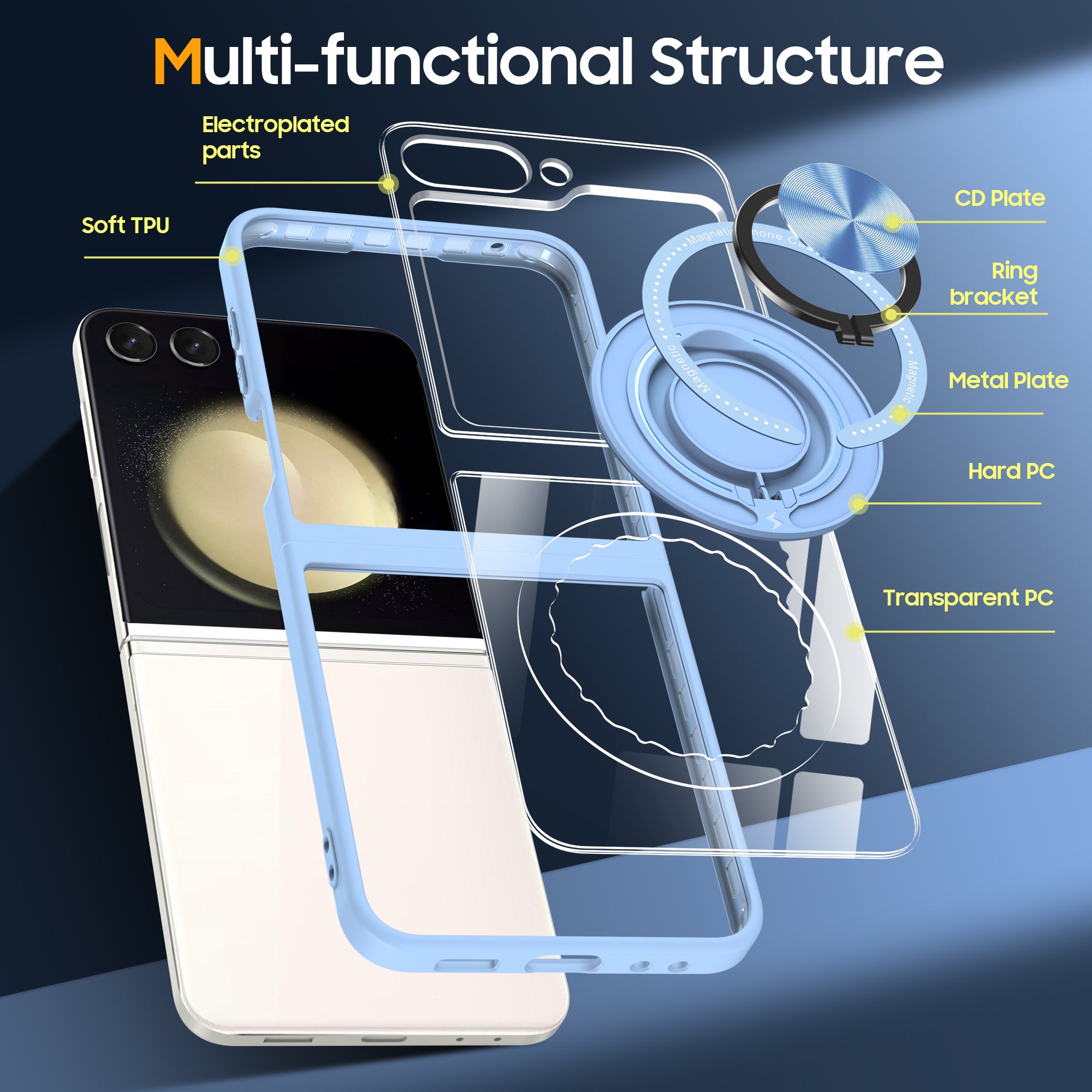 For Samsung Galaxy Z Flip6 5G Magnetic Case TPU Frame Clear PC Back Kickstand Phone Cover - Baby Blue