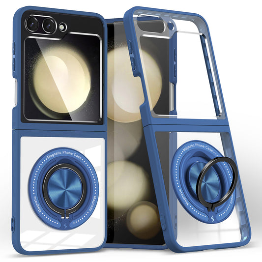 For Samsung Galaxy Z Flip6 5G Magnetic Case TPU Frame Clear PC Back Kickstand Phone Cover - Blue