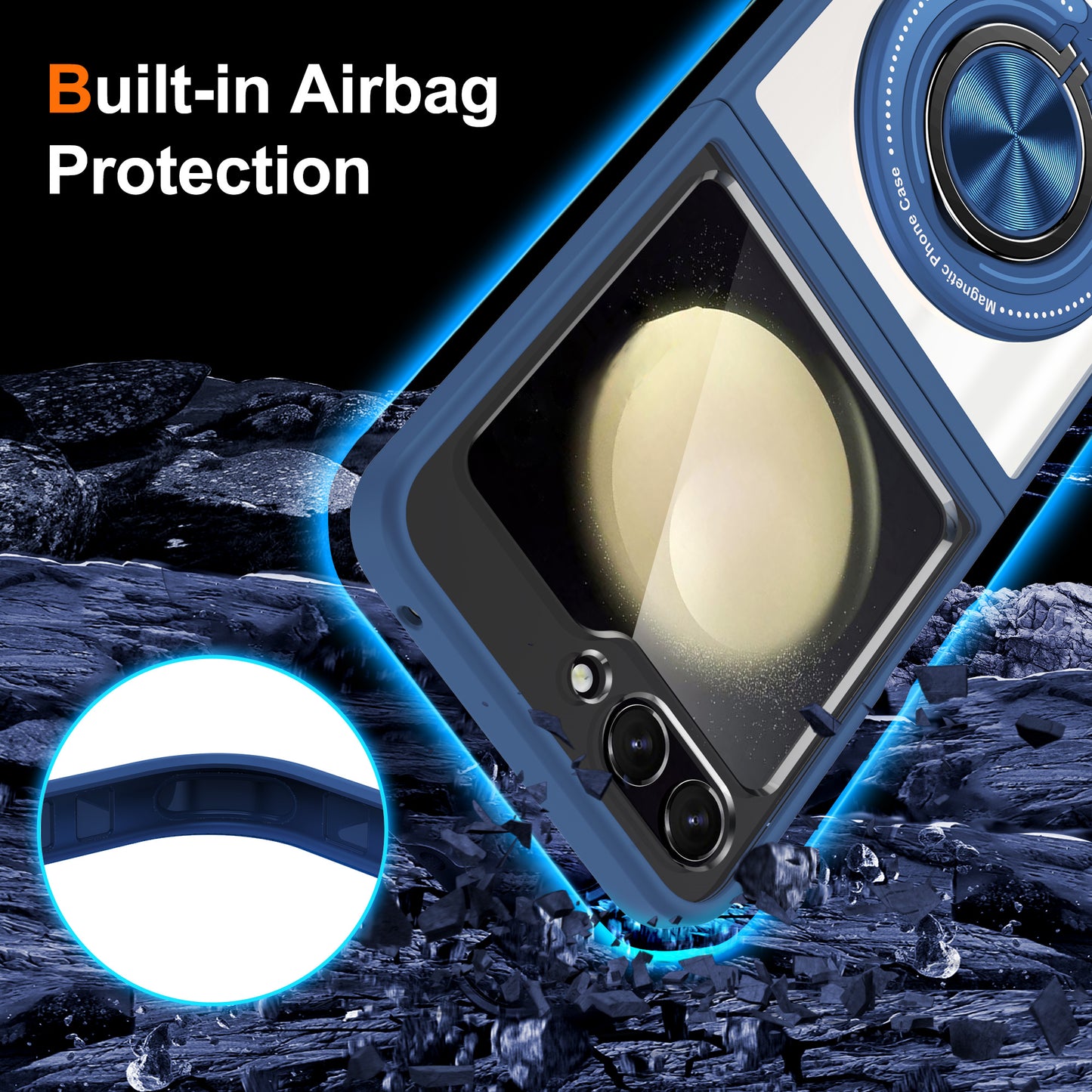 For Samsung Galaxy Z Flip6 5G Magnetic Case TPU Frame Clear PC Back Kickstand Phone Cover - Blue