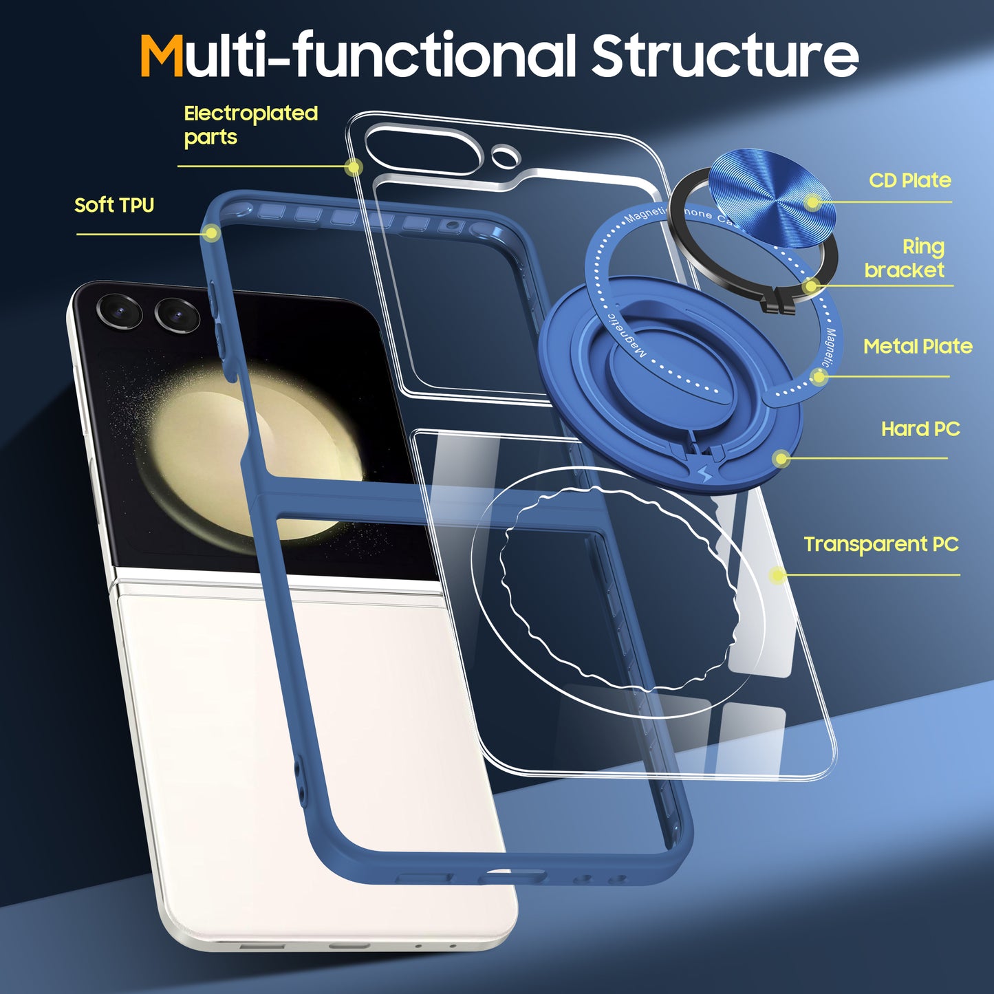 For Samsung Galaxy Z Flip6 5G Magnetic Case TPU Frame Clear PC Back Kickstand Phone Cover - Blue
