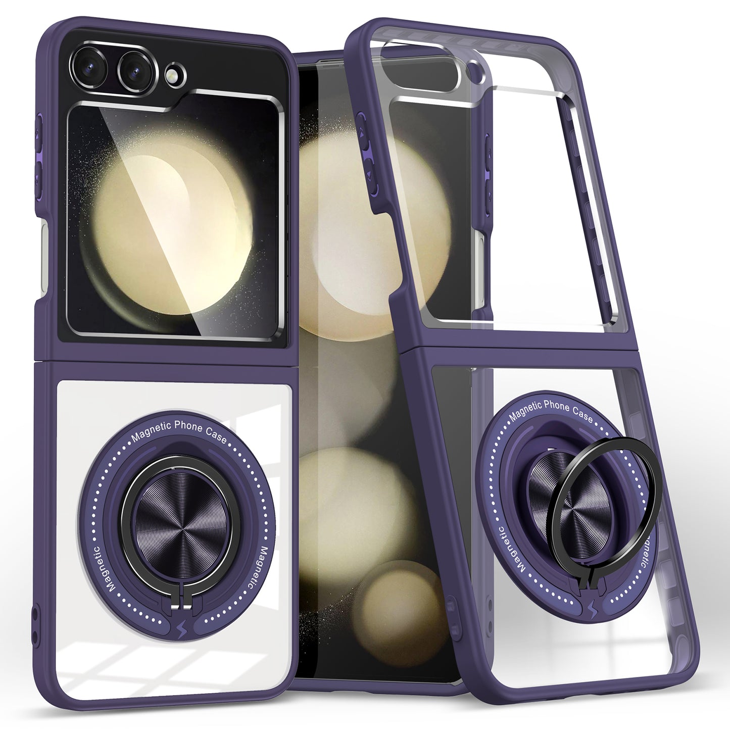 For Samsung Galaxy Z Flip6 5G Magnetic Case TPU Frame Clear PC Back Kickstand Phone Cover - Dark Purple