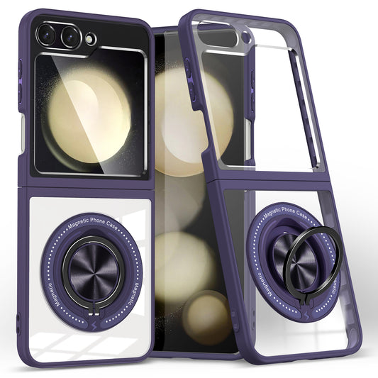For Samsung Galaxy Z Flip6 5G Magnetic Case TPU Frame Clear PC Back Kickstand Phone Cover - Dark Purple