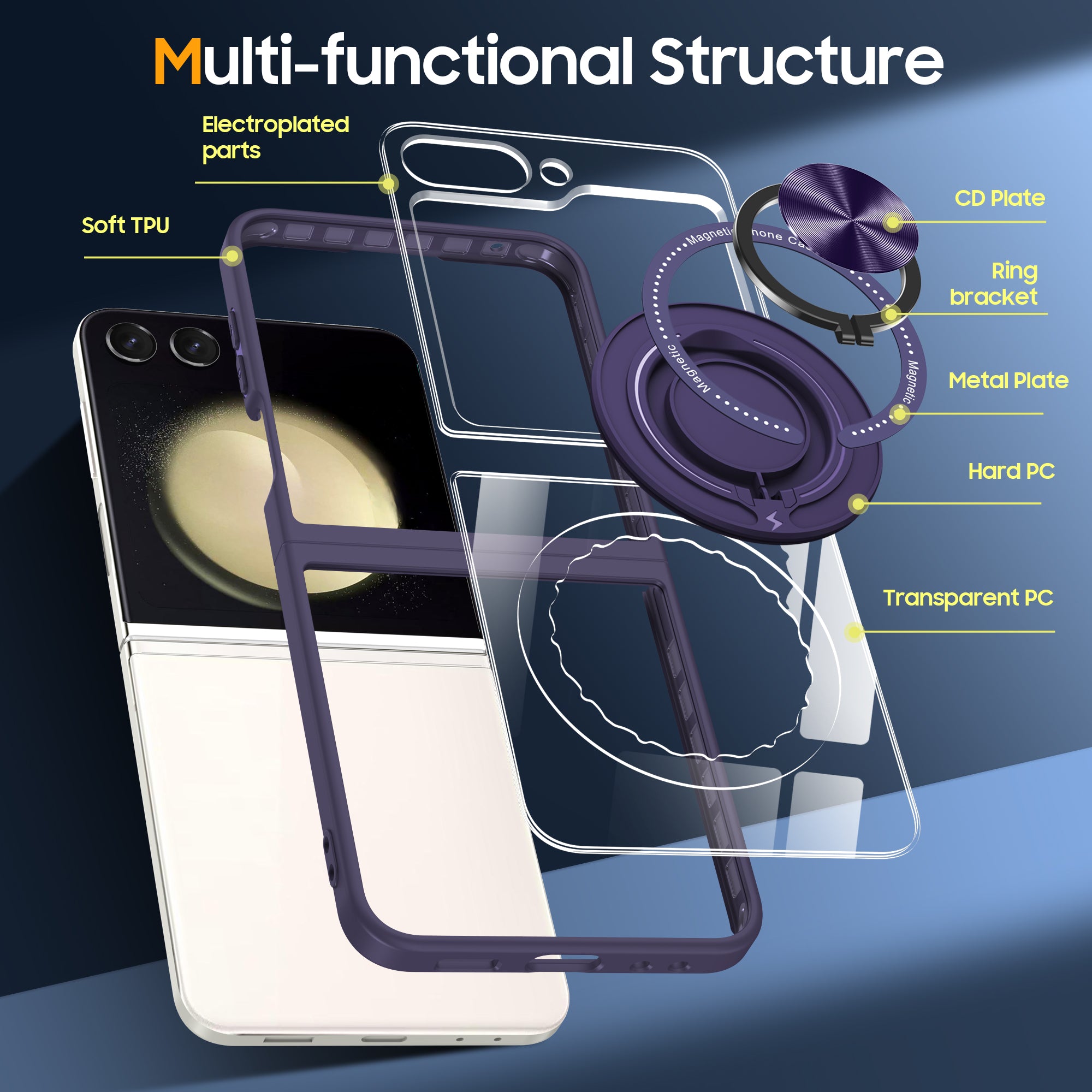 For Samsung Galaxy Z Flip6 5G Magnetic Case TPU Frame Clear PC Back Kickstand Phone Cover - Dark Purple