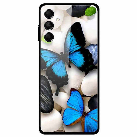 For Samsung Galaxy M14 5G Cell Phone Case Pattern Print Tempered Glass+TPU Cover - Blue Butterfly