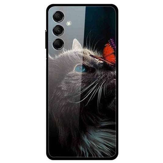 For Samsung Galaxy M14 5G Cell Phone Case Pattern Print Tempered Glass+TPU Cover - Butterfly and Cat