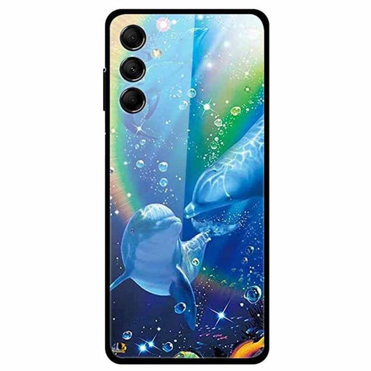 For Samsung Galaxy M14 5G Cell Phone Case Pattern Print Tempered Glass+TPU Cover - Dolphin