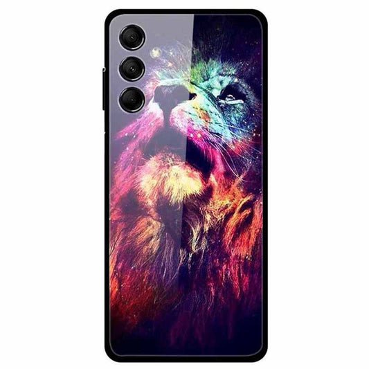 For Samsung Galaxy M14 5G Cell Phone Case Pattern Print Tempered Glass+TPU Cover - Lion