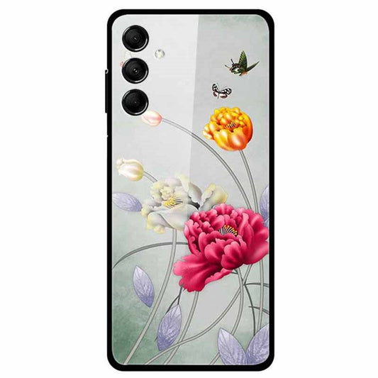 For Samsung Galaxy M14 5G Cell Phone Case Pattern Print Tempered Glass+TPU Cover - Butterfly and Flower