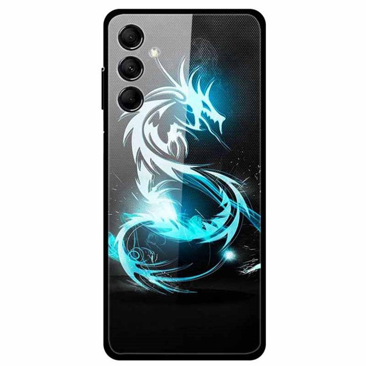 For Samsung Galaxy M14 5G Case Pattern Print Tempered Glass+TPU Anti-scratch Phone Cover - Blue Light Dragon