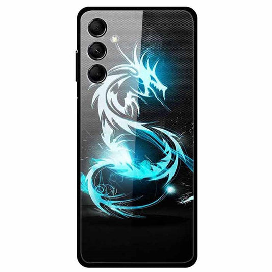 For Samsung Galaxy M14 5G Case Pattern Print Tempered Glass+TPU Anti-scratch Phone Cover - Blue Light Dragon