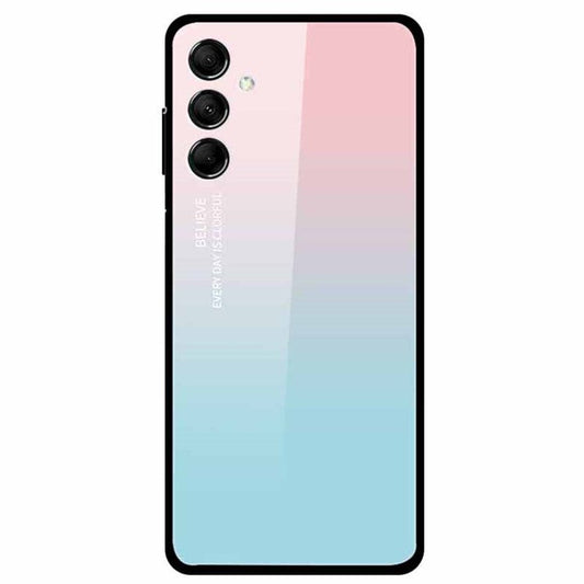 For Samsung Galaxy M14 5G Case Pattern Print Tempered Glass+TPU Anti-scratch Phone Cover - Rose Blue Gradient