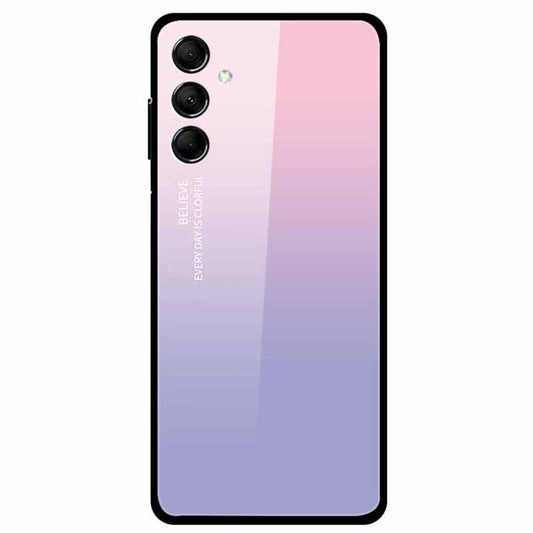 For Samsung Galaxy M14 5G Case Pattern Print Tempered Glass+TPU Anti-scratch Phone Cover - Rose Purple Gradient