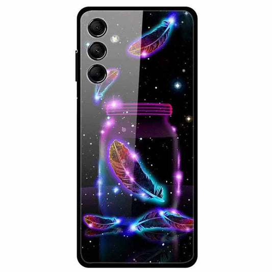 For Samsung Galaxy M14 5G Case Pattern Print Tempered Glass+TPU Anti-scratch Phone Cover - Colorful Feathers