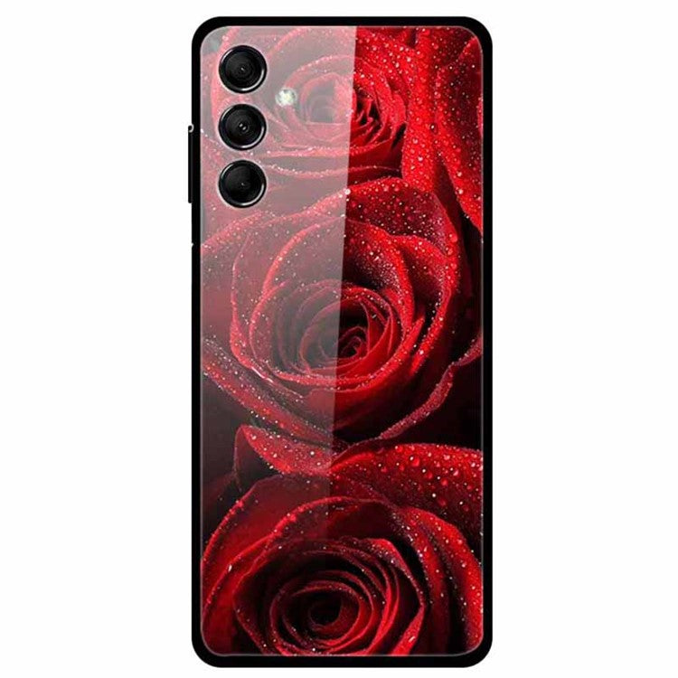 For Samsung Galaxy M14 5G Case Pattern Print Tempered Glass+TPU Anti-scratch Phone Cover - Three Roses