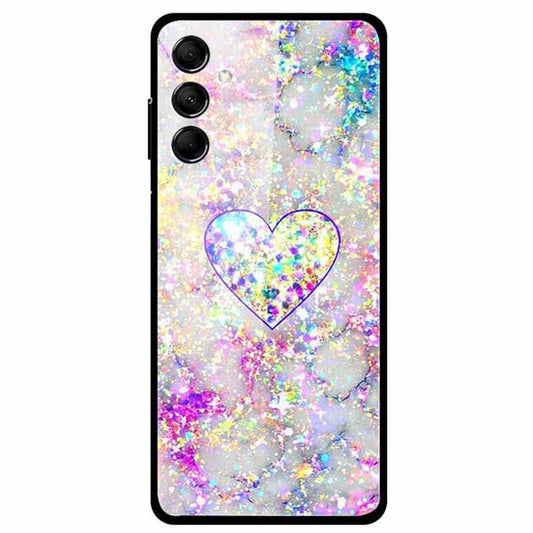 For Samsung Galaxy M14 5G Case Pattern Print Tempered Glass+TPU Anti-scratch Phone Cover - Glittering Heart