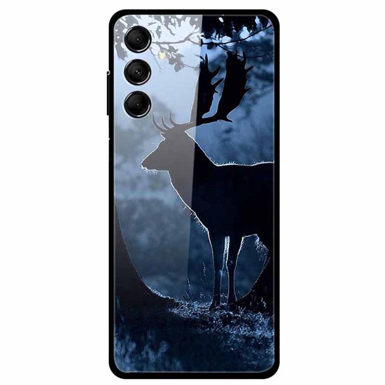 For Samsung Galaxy M14 5G Case Pattern Print Tempered Glass+TPU Anti-scratch Phone Cover - Midnight Deer