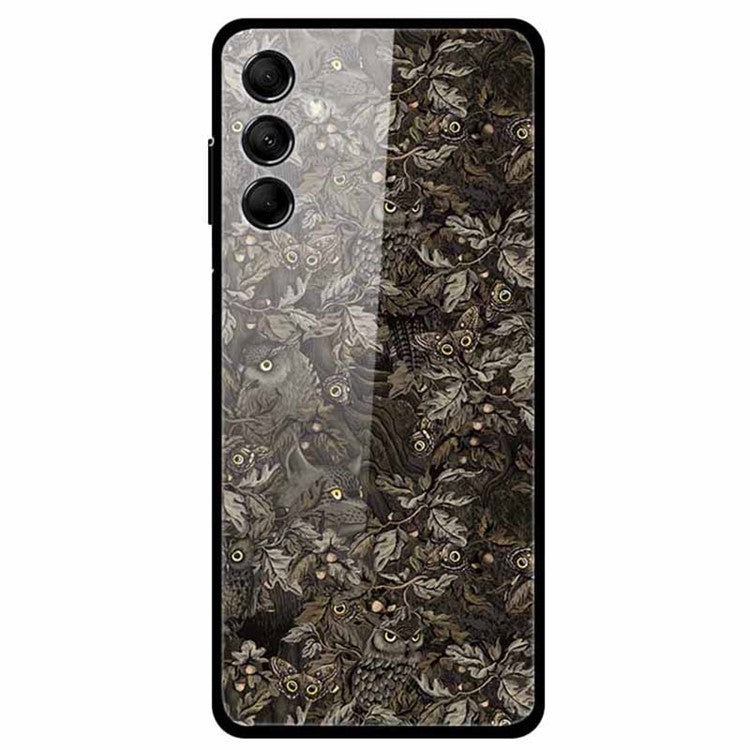 For Samsung Galaxy M14 5G Case Pattern Print Tempered Glass+TPU Anti-scratch Phone Cover - Leaves Owl