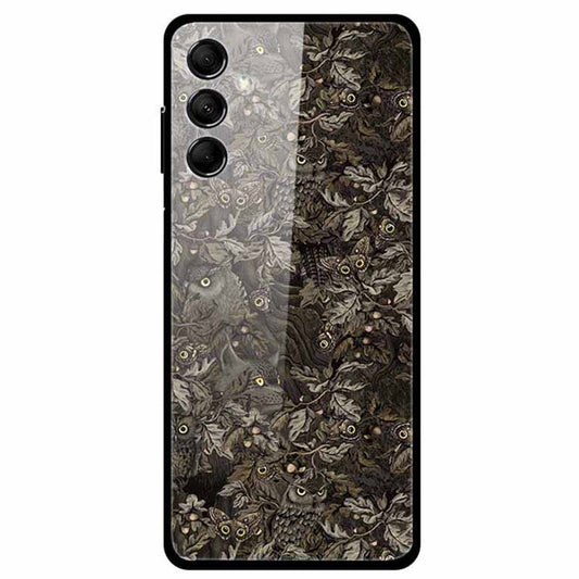 For Samsung Galaxy M14 5G Case Pattern Print Tempered Glass+TPU Anti-scratch Phone Cover - Leaves Owl
