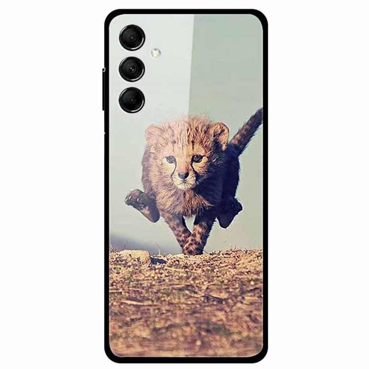 For Samsung Galaxy M14 5G Case Pattern Print Tempered Glass+TPU Anti-scratch Phone Cover - Leaping Leopard