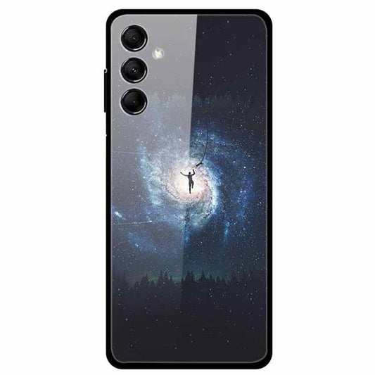 For Samsung Galaxy M14 5G Case Pattern Print Tempered Glass+TPU Anti-scratch Phone Cover - Black Hole