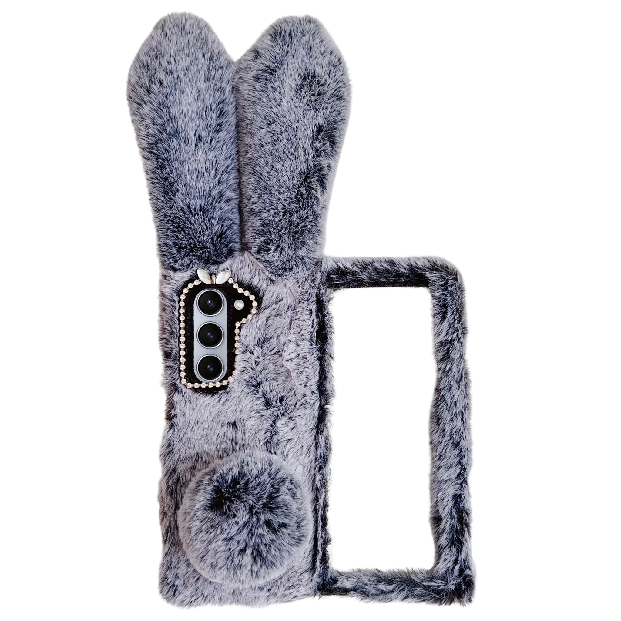 Folding Phone Case for Samsung Galaxy Z Fold6 5G Fluffy Rabbit Ears Acrylic Cover - Grey