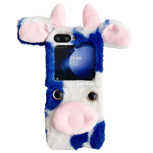 Acrylic Folding Phone Case for Samsung Galaxy Z Flip6 5G Fluffy Cows Ear Cover - Blue