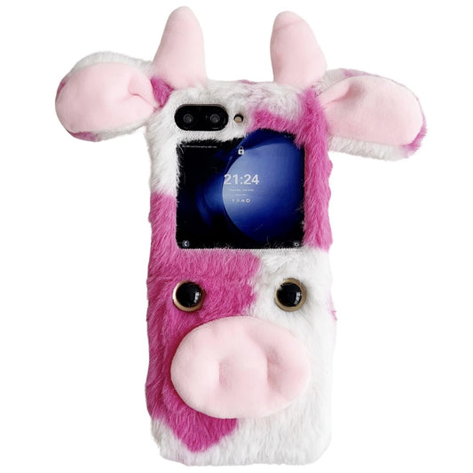 Acrylic Folding Phone Case for Samsung Galaxy Z Flip7 FE 5G / Z Flip6 5G Fluffy Cows Ear Cover - Rose