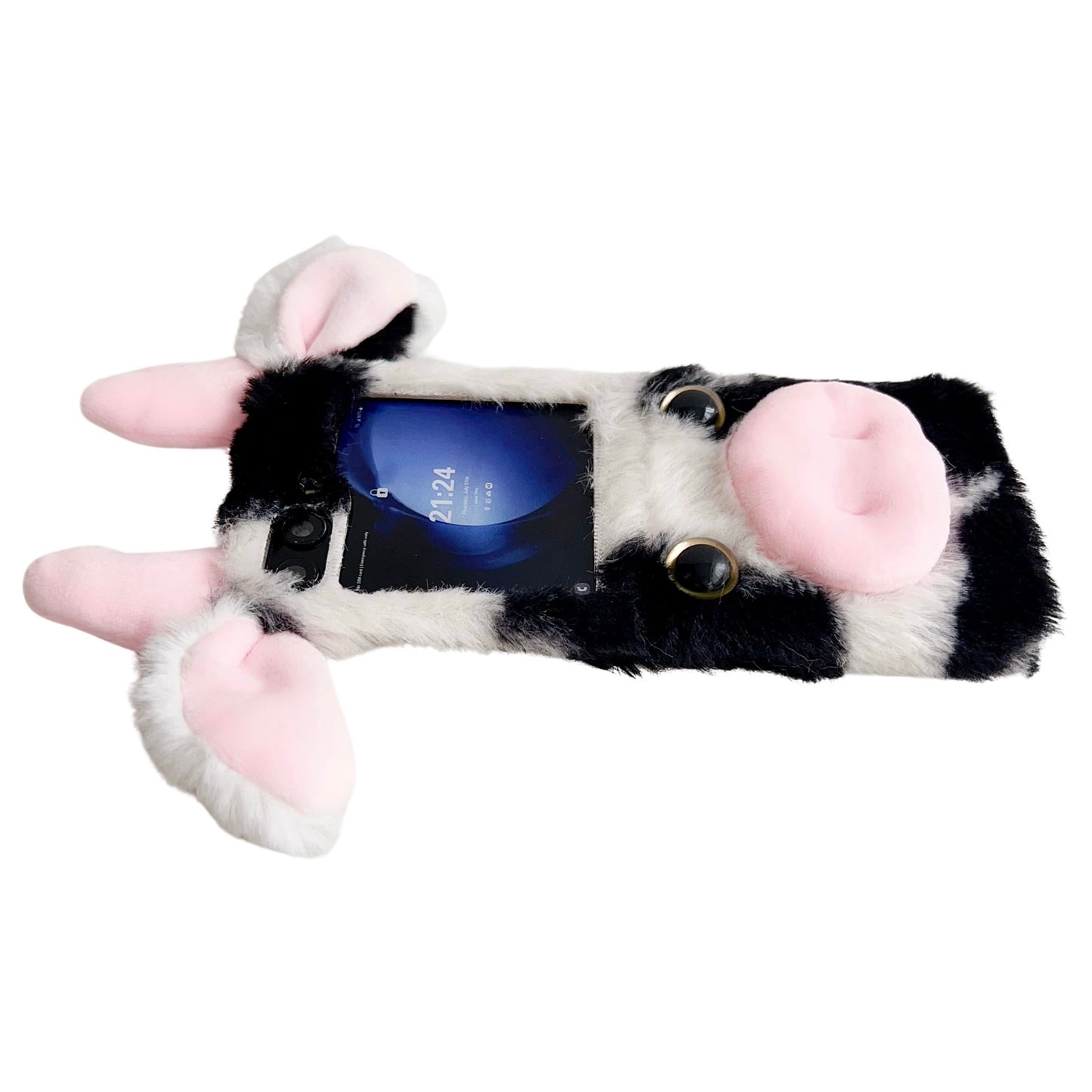 Acrylic Folding Phone Case for Samsung Galaxy Z Flip6 5G Fluffy Cows Ear Cover - Red