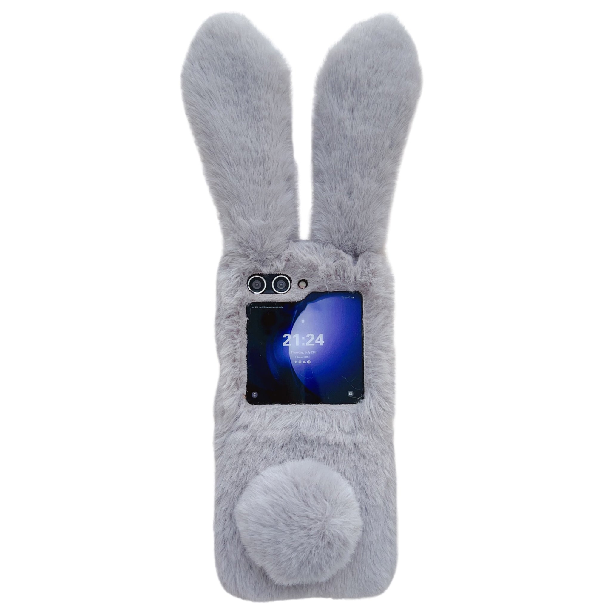 Folding Phone Case for Samsung Galaxy Z Flip6 5G Fluffy Rabbit Ears Acrylic Cover - Grey