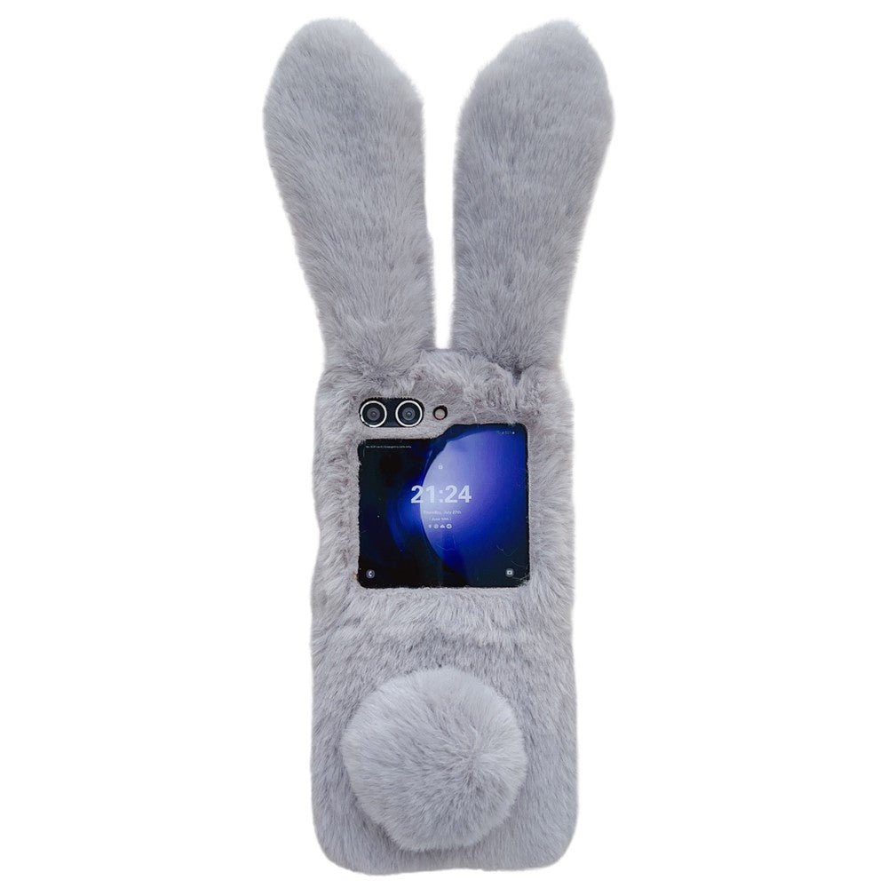 Folding Phone Case for Samsung Galaxy Z Flip7 FE 5G / Z Flip6 5G Fluffy Rabbit Ears Acrylic Cover - Grey