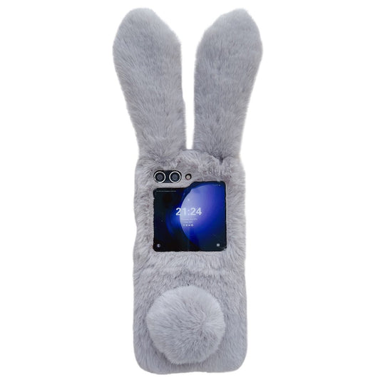 Folding Phone Case for Samsung Galaxy Z Flip7 FE 5G / Z Flip6 5G Fluffy Rabbit Ears Acrylic Cover - Grey