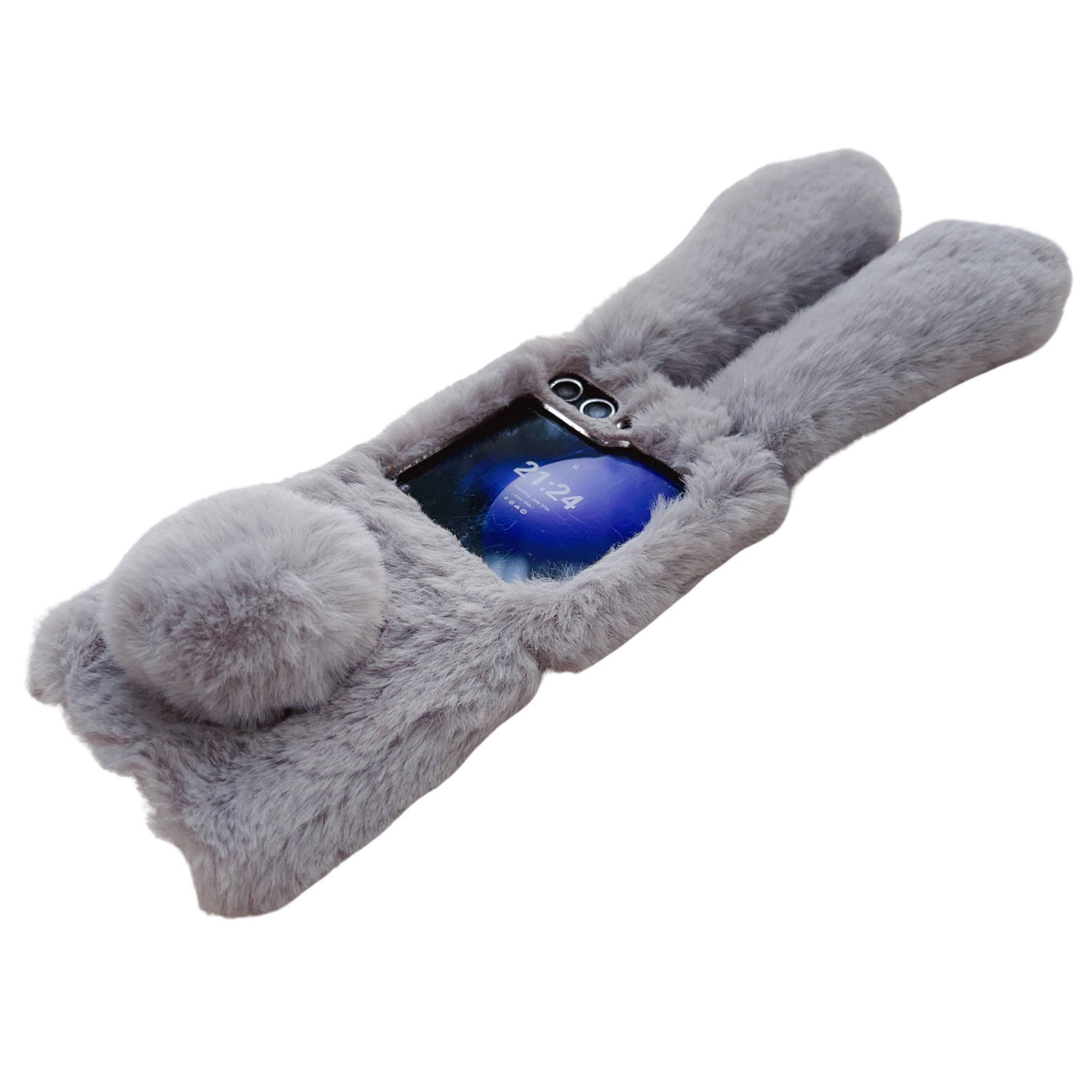 Folding Phone Case for Samsung Galaxy Z Flip6 5G Fluffy Rabbit Ears Acrylic Cover - Grey