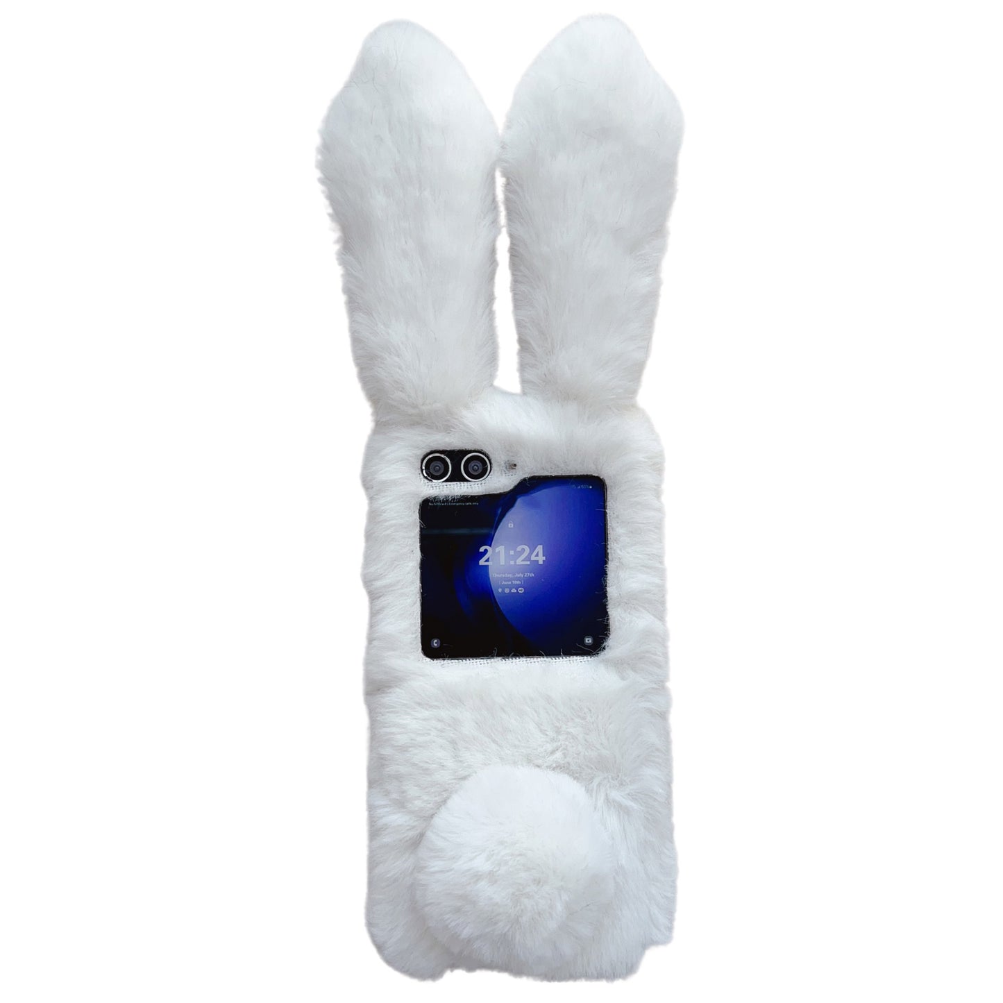 Folding Phone Case for Samsung Galaxy Z Flip6 5G Fluffy Rabbit Ears Acrylic Cover - White