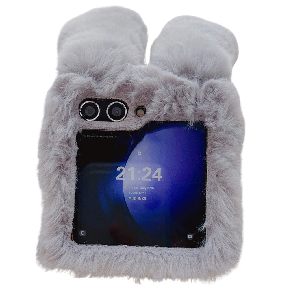 Folding Phone Case for Samsung Galaxy Z Flip7 FE 5G / Z Flip6 5G Fluffy Rabbit Ears Acrylic Cover - White