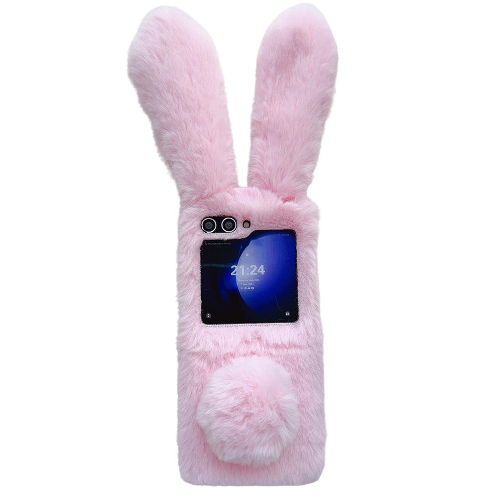 Folding Phone Case for Samsung Galaxy Z Flip7 FE 5G / Z Flip6 5G Fluffy Rabbit Ears Acrylic Cover - Pink