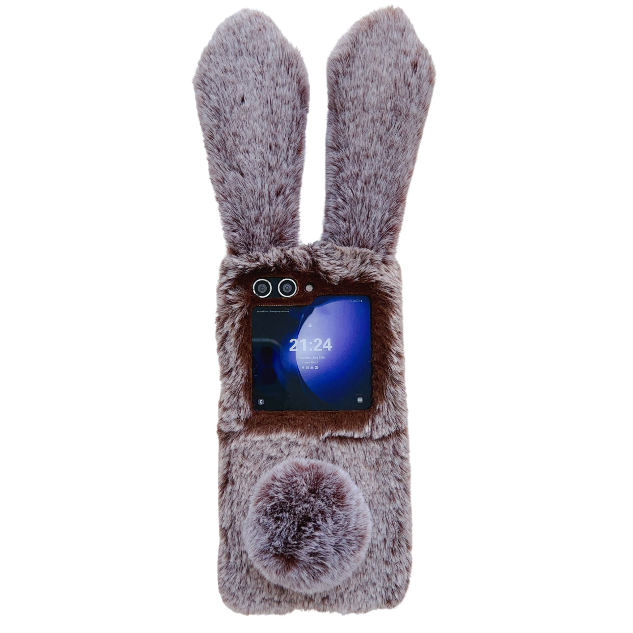 Folding Phone Case for Samsung Galaxy Z Flip6 5G Fluffy Rabbit Ears Acrylic Cover - Brown