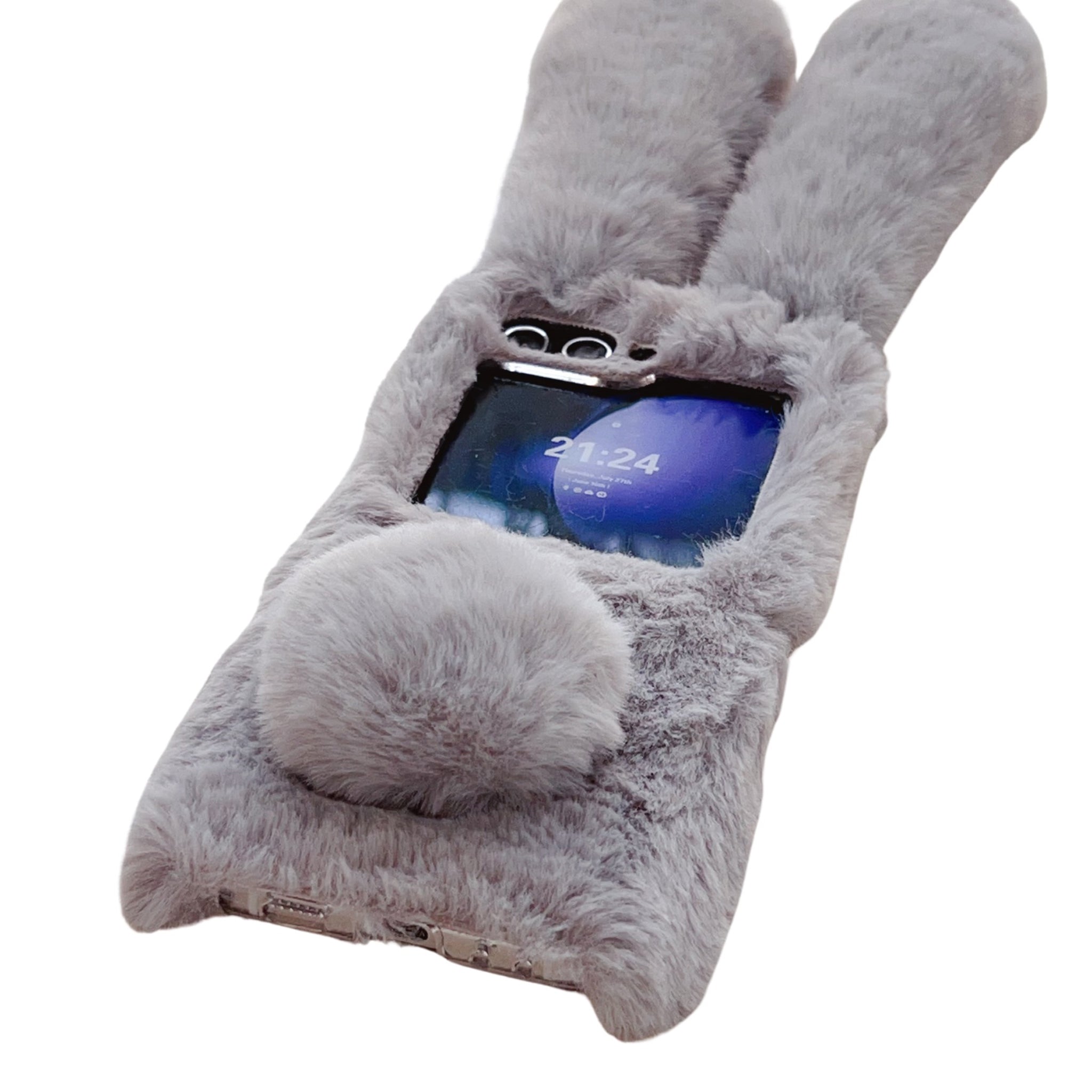 Folding Phone Case for Samsung Galaxy Z Flip6 5G Fluffy Rabbit Ears Acrylic Cover - Brown