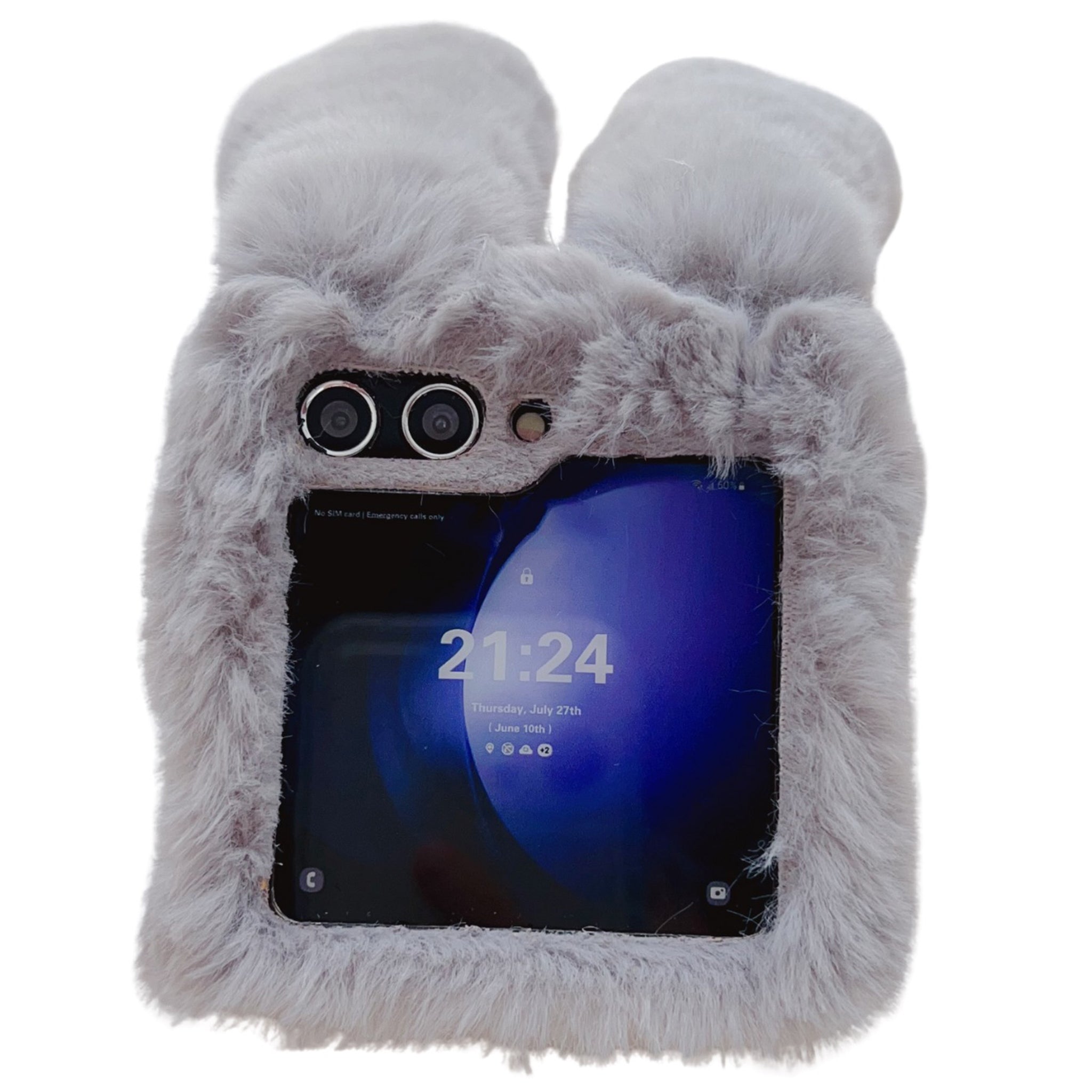 Folding Phone Case for Samsung Galaxy Z Flip6 5G Fluffy Rabbit Ears Acrylic Cover - Brown