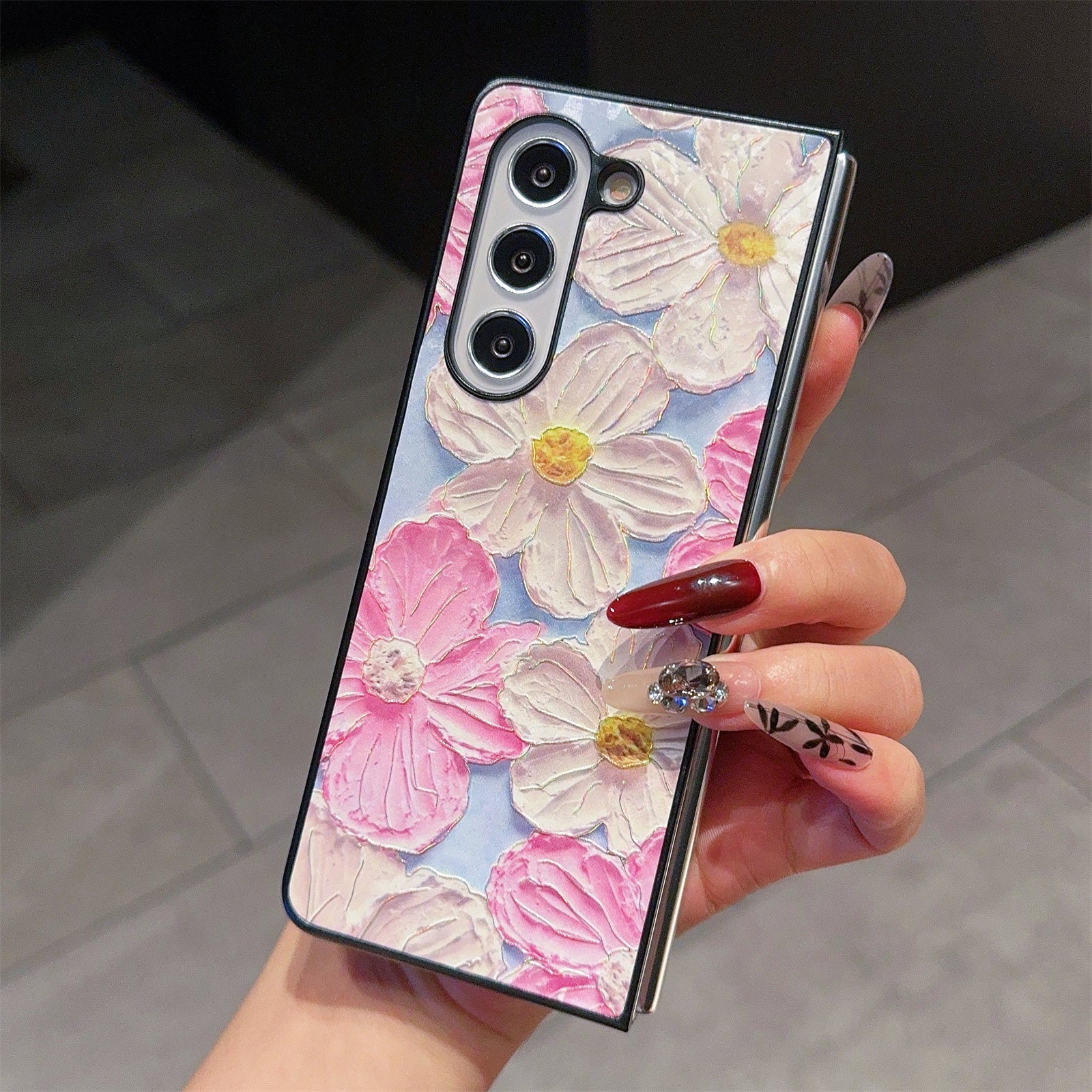 For Samsung Galaxy Z Fold6 5G Case Lacquered Pattern PU Leather PC Phone Cover - Pink White Flowers