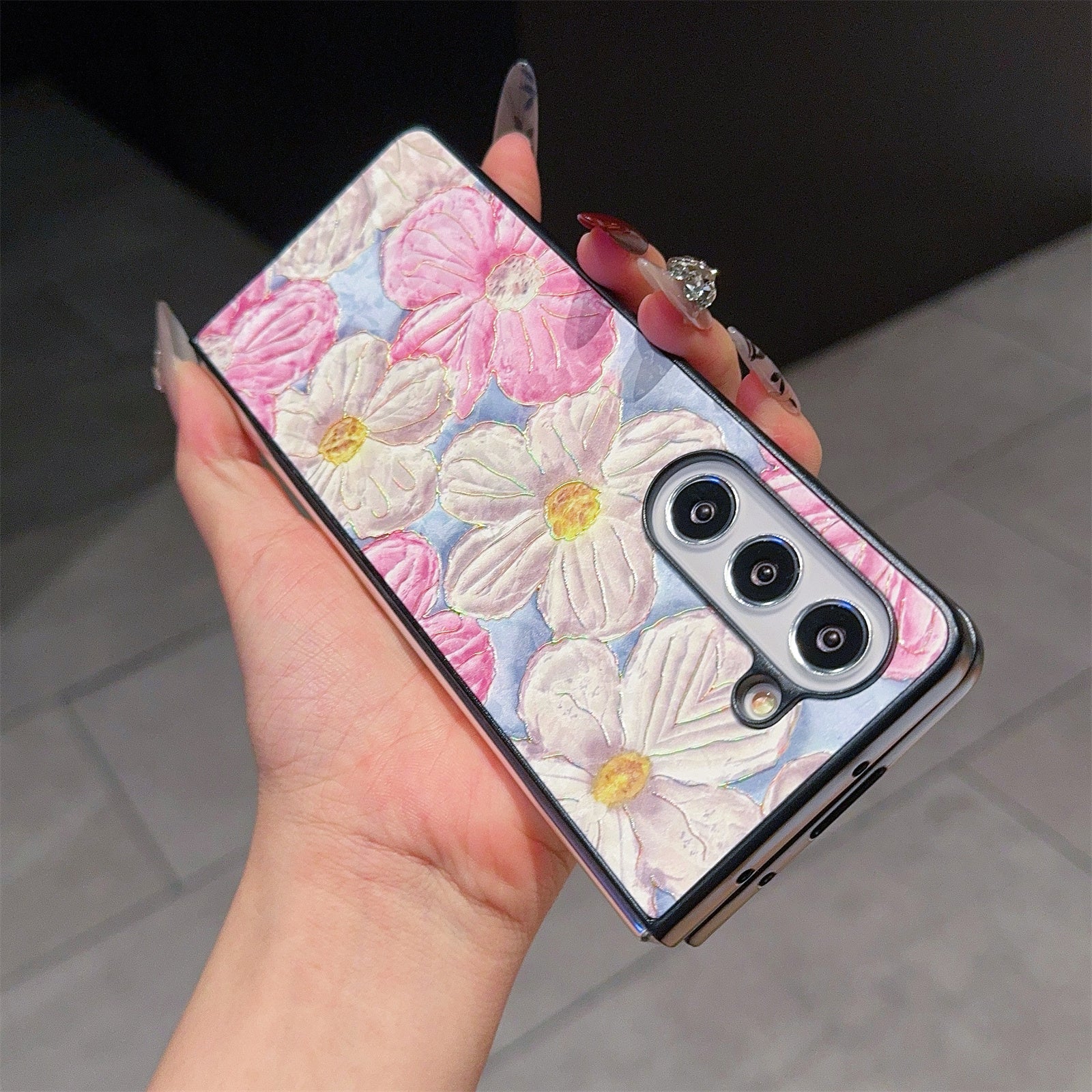 For Samsung Galaxy Z Fold6 5G Case Lacquered Pattern PU Leather PC Phone Cover - Pink White Flowers