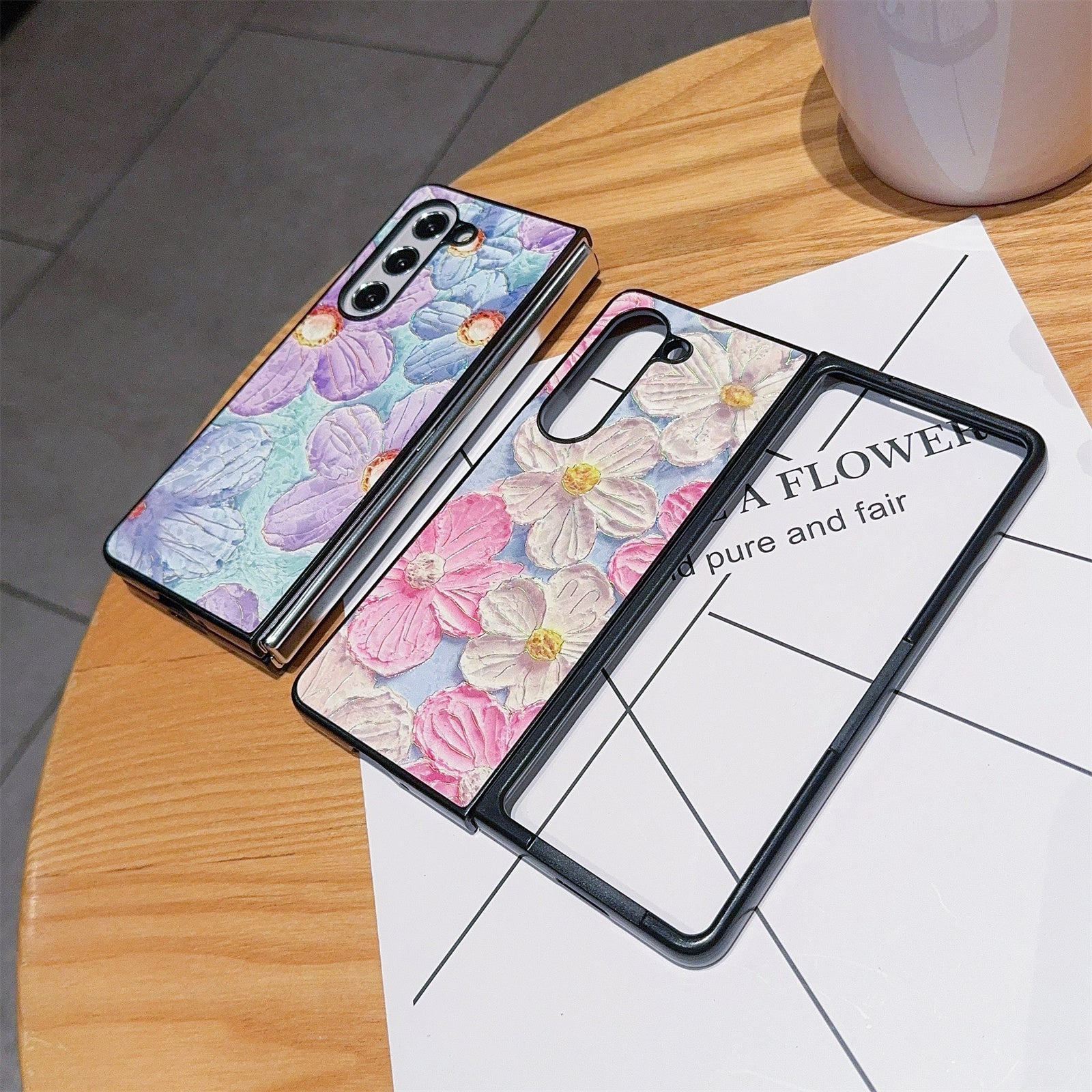 For Samsung Galaxy Z Fold6 5G Case Lacquered Pattern PU Leather PC Phone Cover - Pink White Flowers
