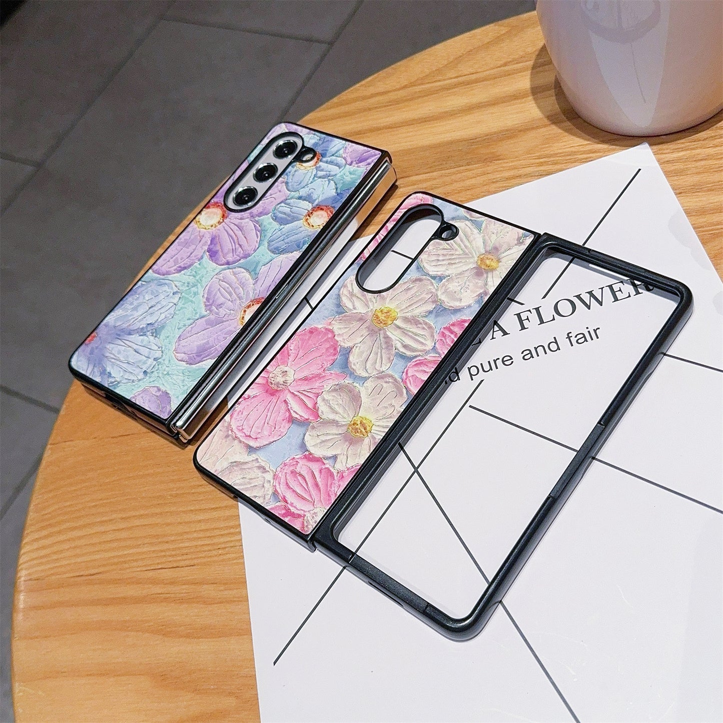 For Samsung Galaxy Z Fold6 5G Case Lacquered Pattern PU Leather PC Phone Cover - Pink White Flowers
