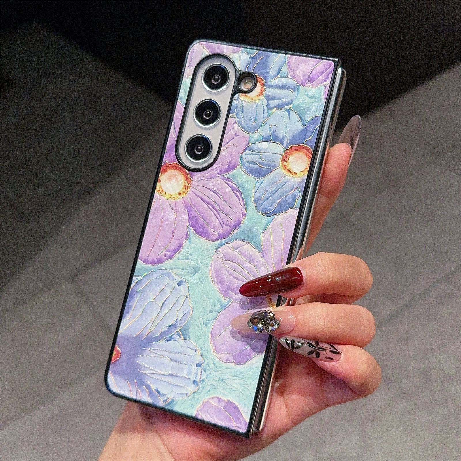 For Samsung Galaxy Z Fold6 5G Case Lacquered Pattern PU Leather PC Phone Cover - Blue Purple Flowers