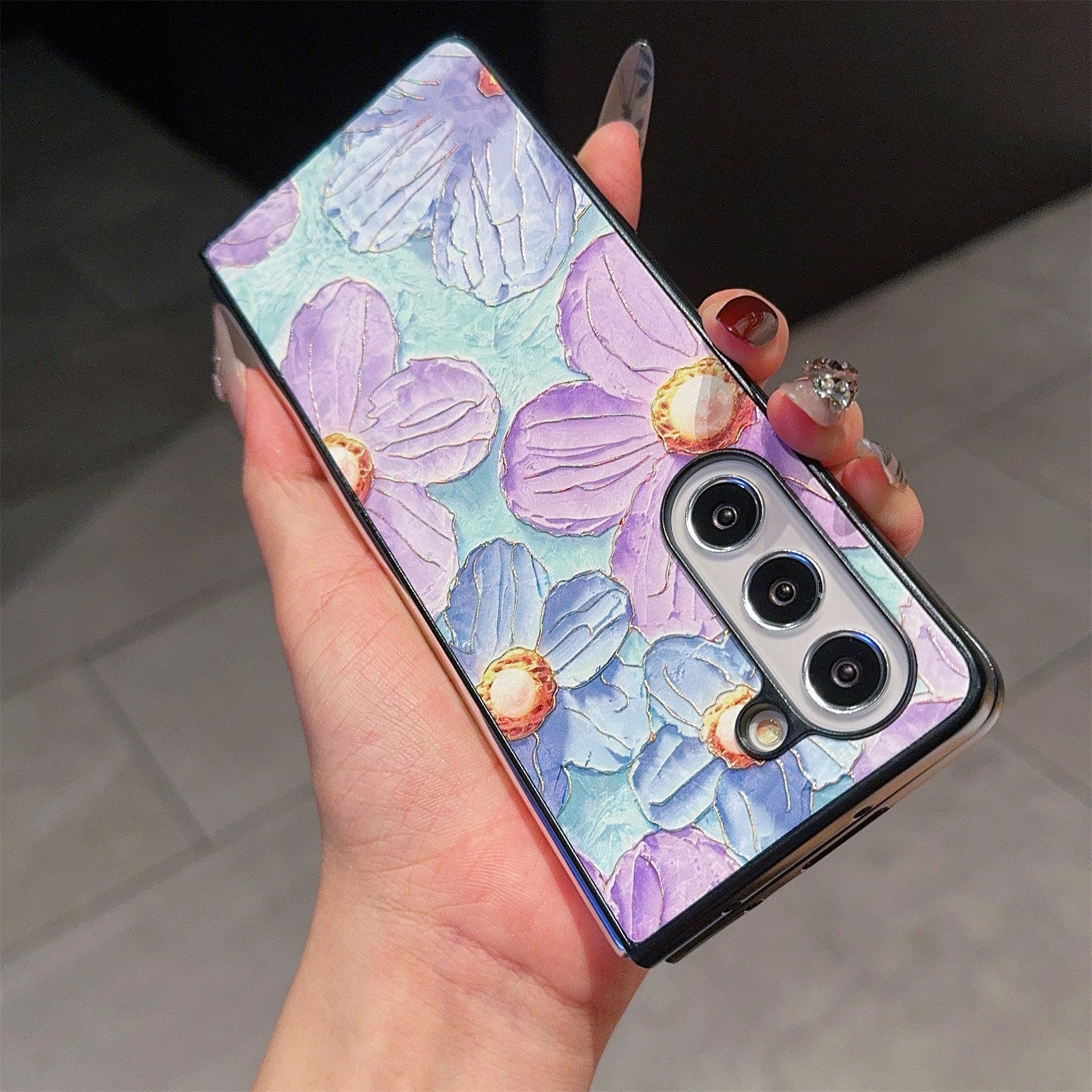 For Samsung Galaxy Z Fold6 5G Case Lacquered Pattern PU Leather PC Phone Cover - Blue Purple Flowers