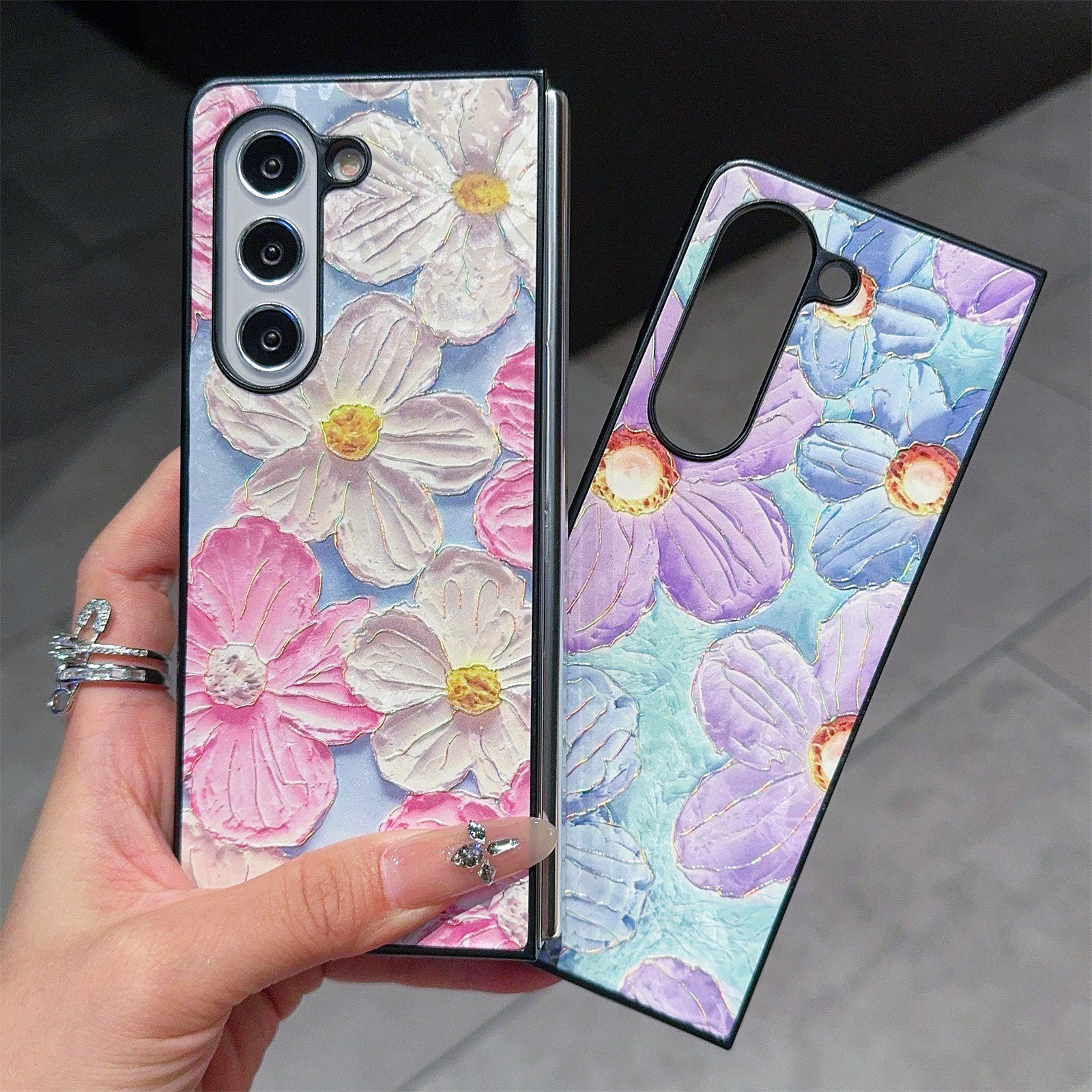 For Samsung Galaxy Z Fold6 5G Case Lacquered Pattern PU Leather PC Phone Cover - Blue Purple Flowers