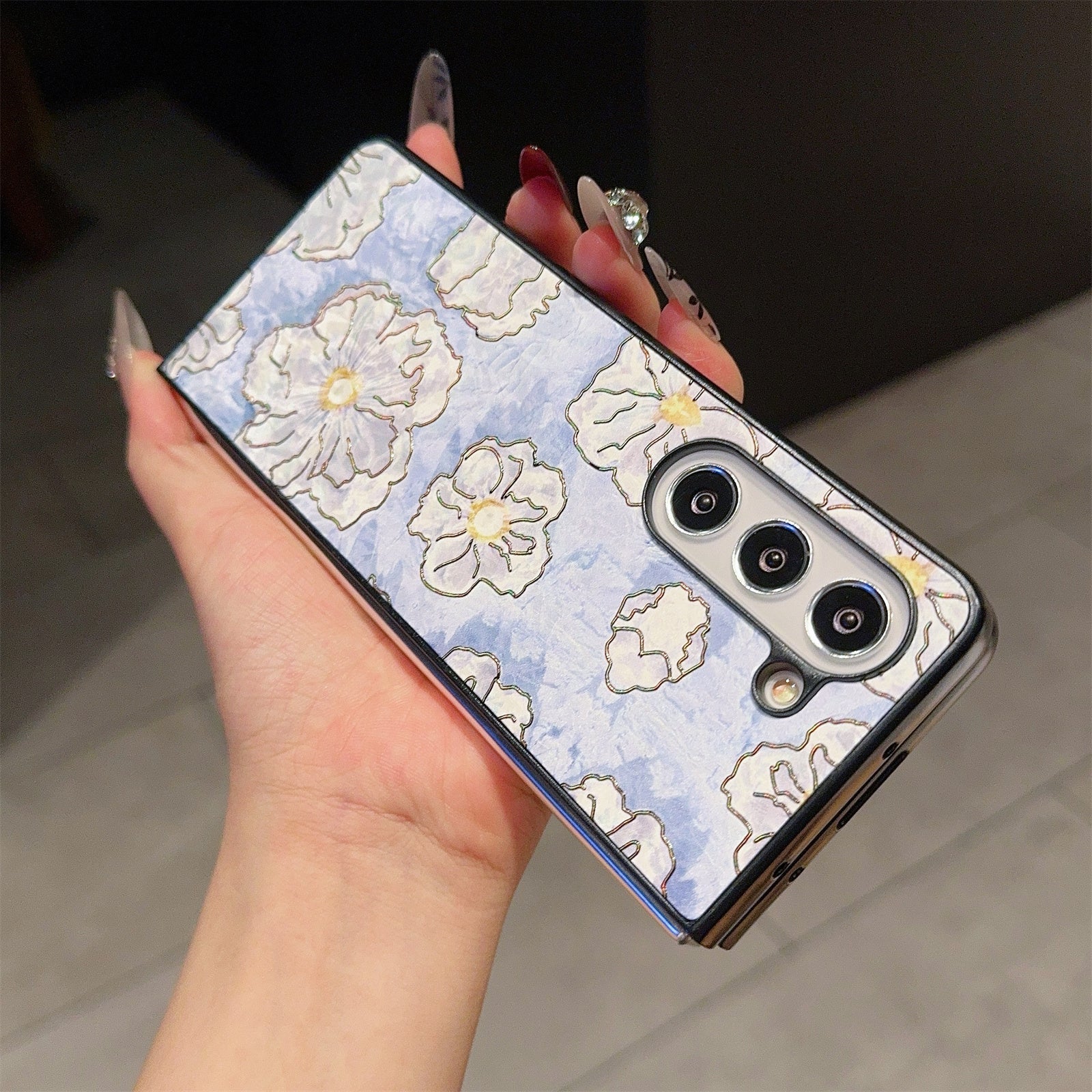 For Samsung Galaxy Z Fold6 5G Case Lacquered Pattern PU Leather PC Phone Cover - Flowers