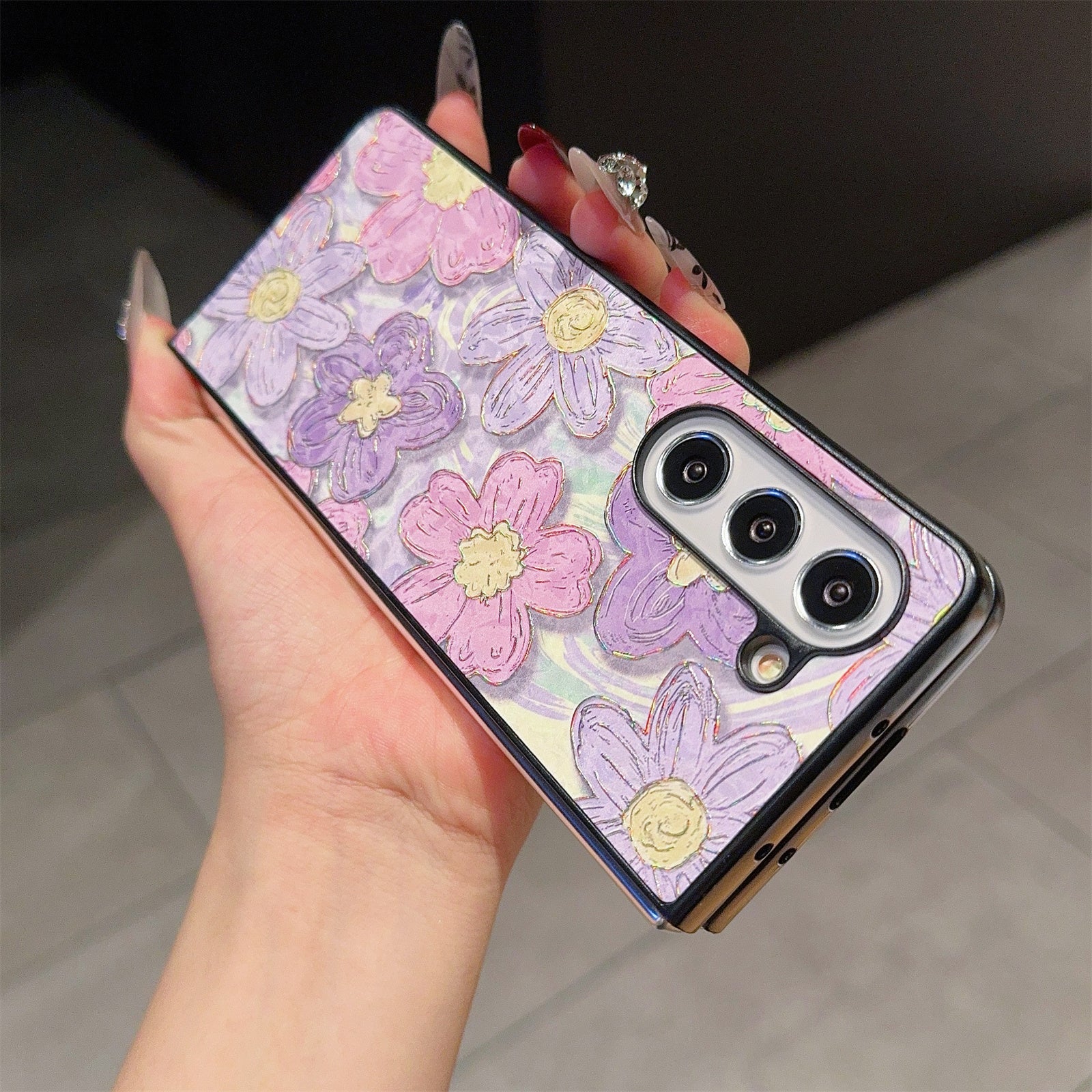 For Samsung Galaxy Z Fold6 5G Case Lacquered Pattern PU Leather PC Phone Cover - Purple Flowers