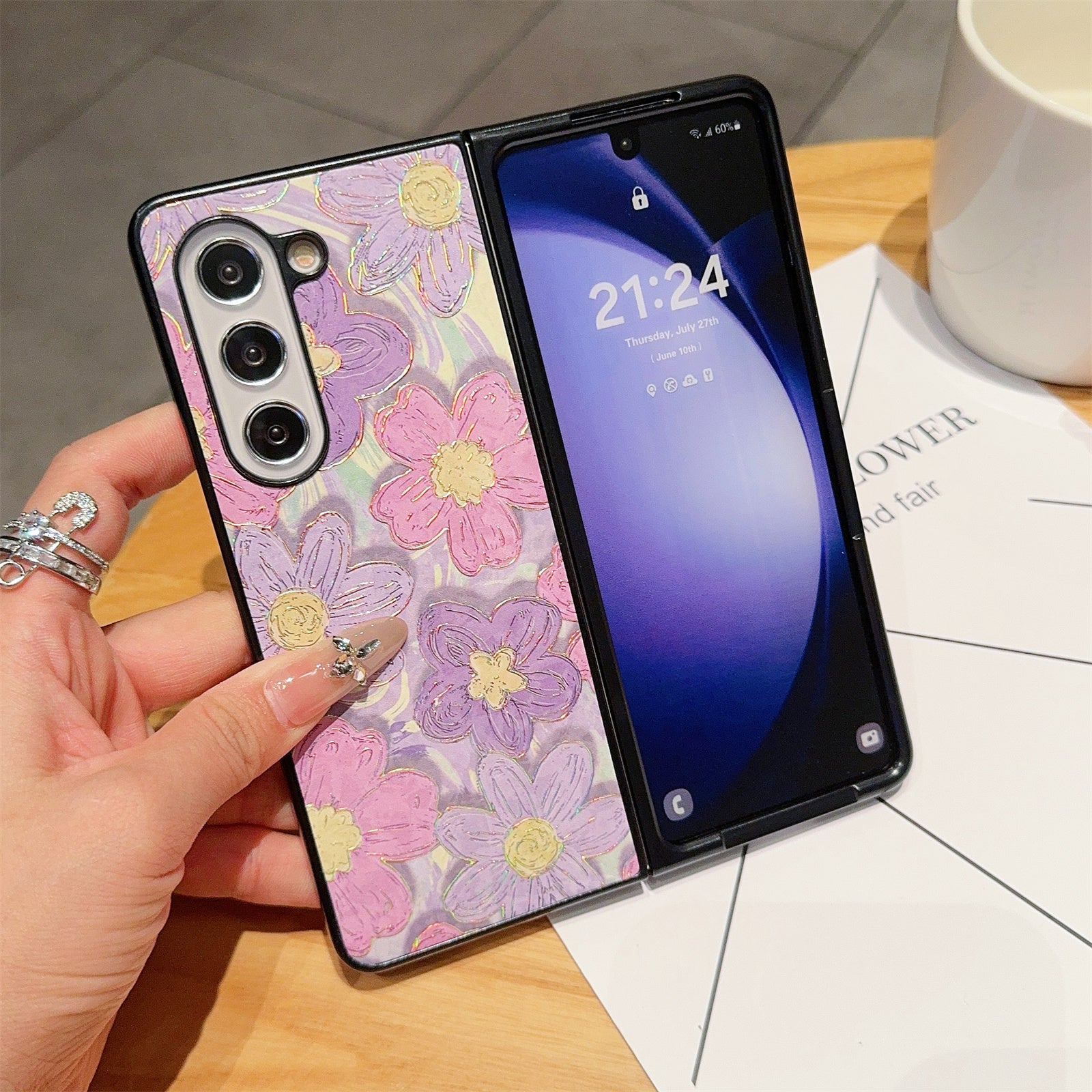 For Samsung Galaxy Z Fold6 5G Case Lacquered Pattern PU Leather PC Phone Cover - Purple Flowers